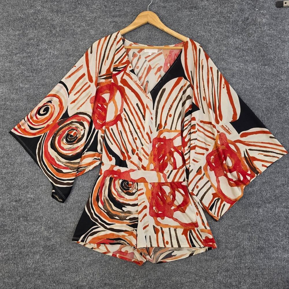 Alexis Romper Womens Medium Abstract Print Kimono Sleeve Belted Relaxed Artsy